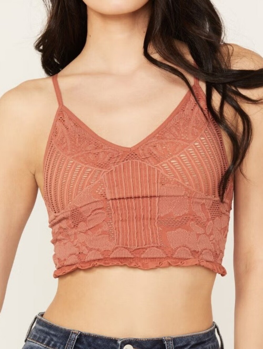 Fornia Women's Floral Lace Bralette Brown Lace Knit Cropped Top M L